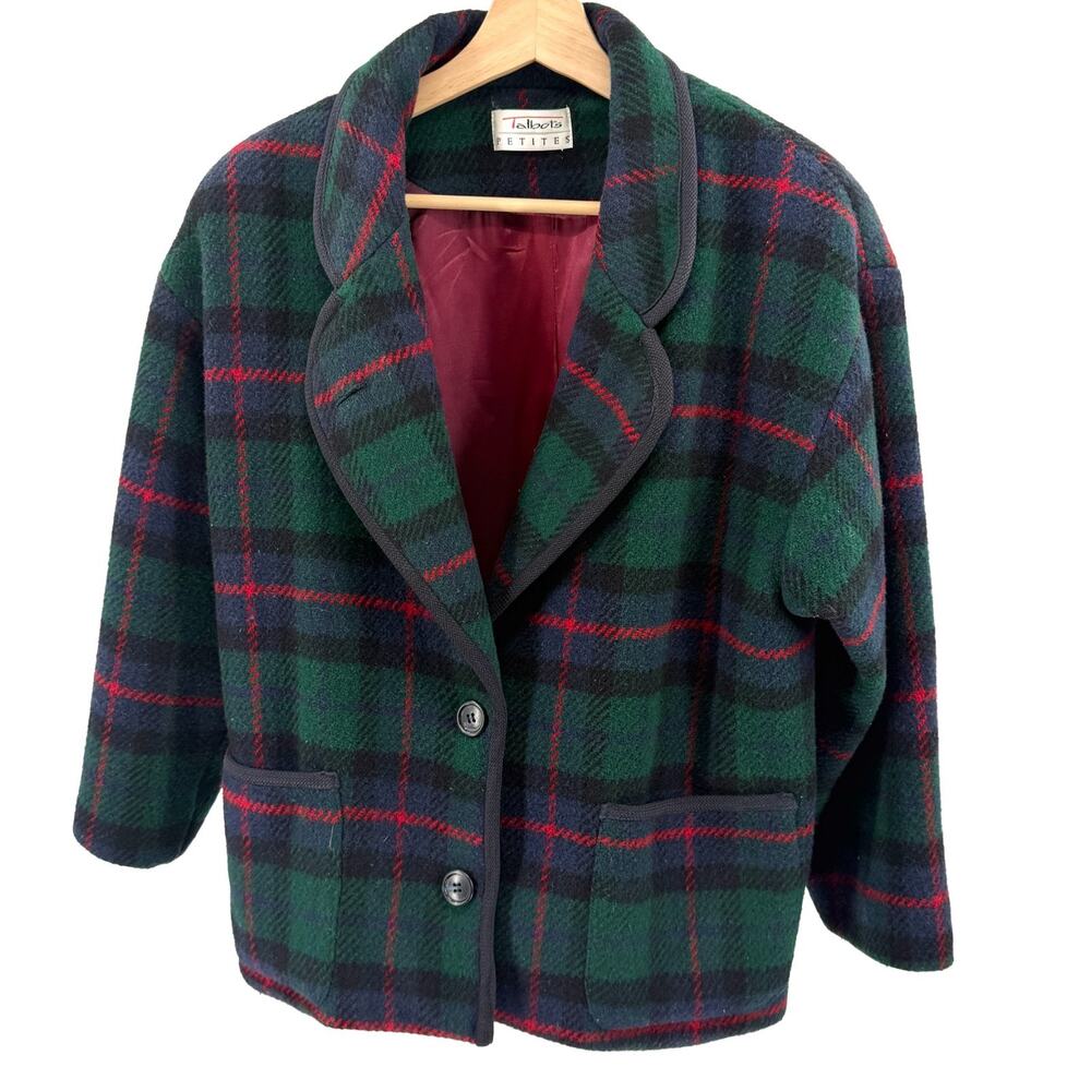 Vintage 90s Talbots Green Blue Tartan Wool Shawl Collar Jacket